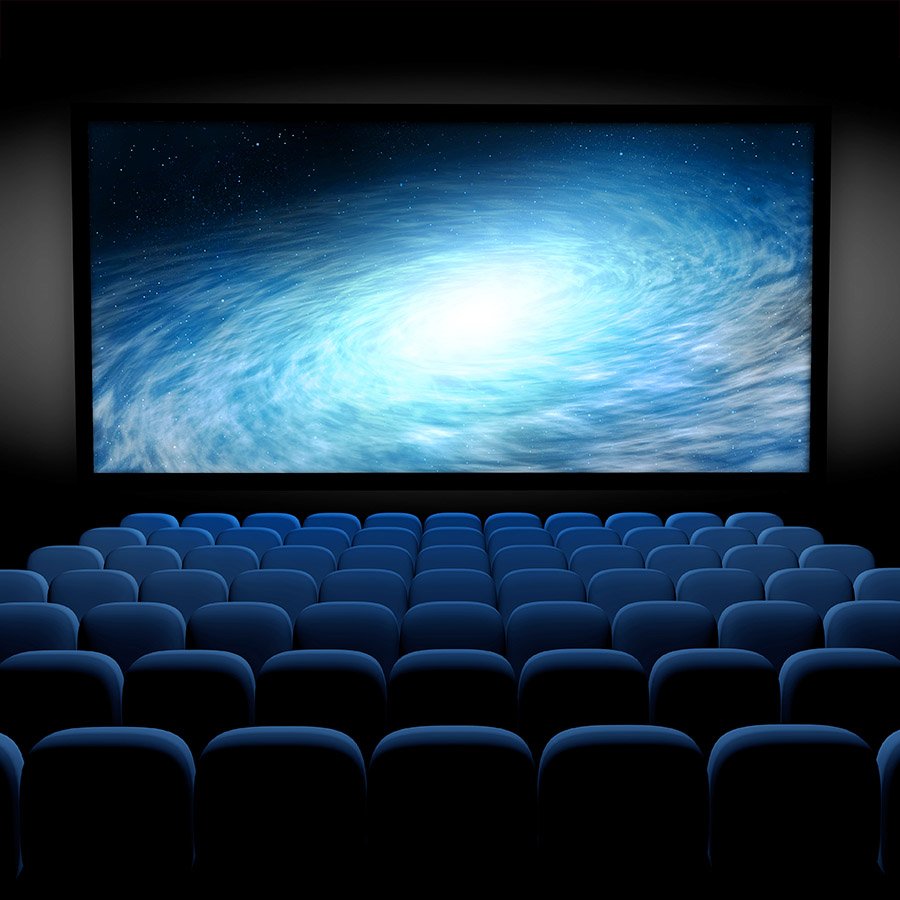 science fiction film in empty movie theater, 3d illustration